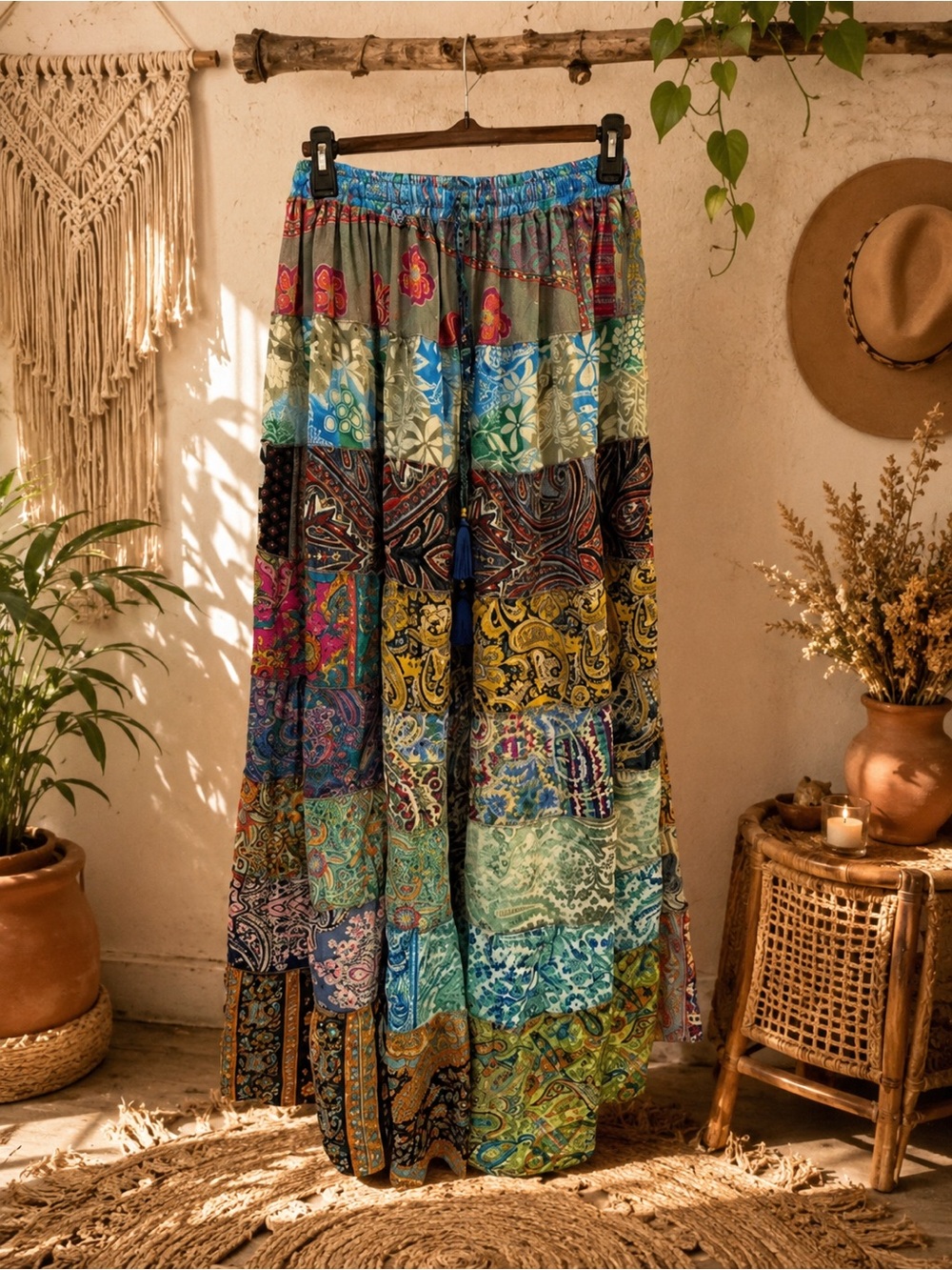 NWT White Waves BOHO Patchwork Maxi Skirt One Size.
